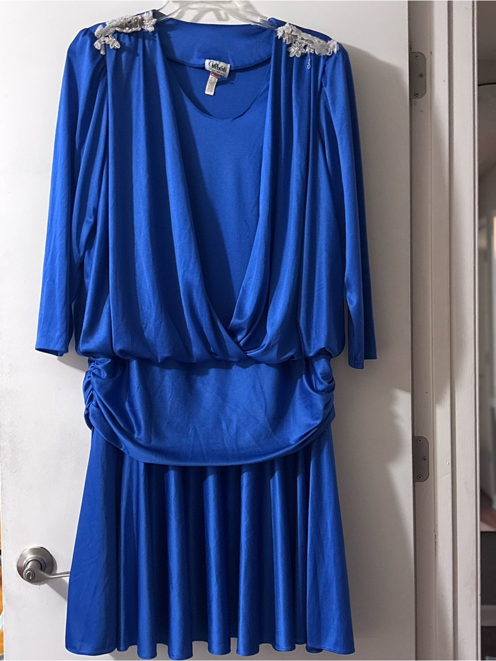 VTG 80s Gilbérti Royal Blue Draped Blouson Cocktail Dress Bead Appliqué Sz 18